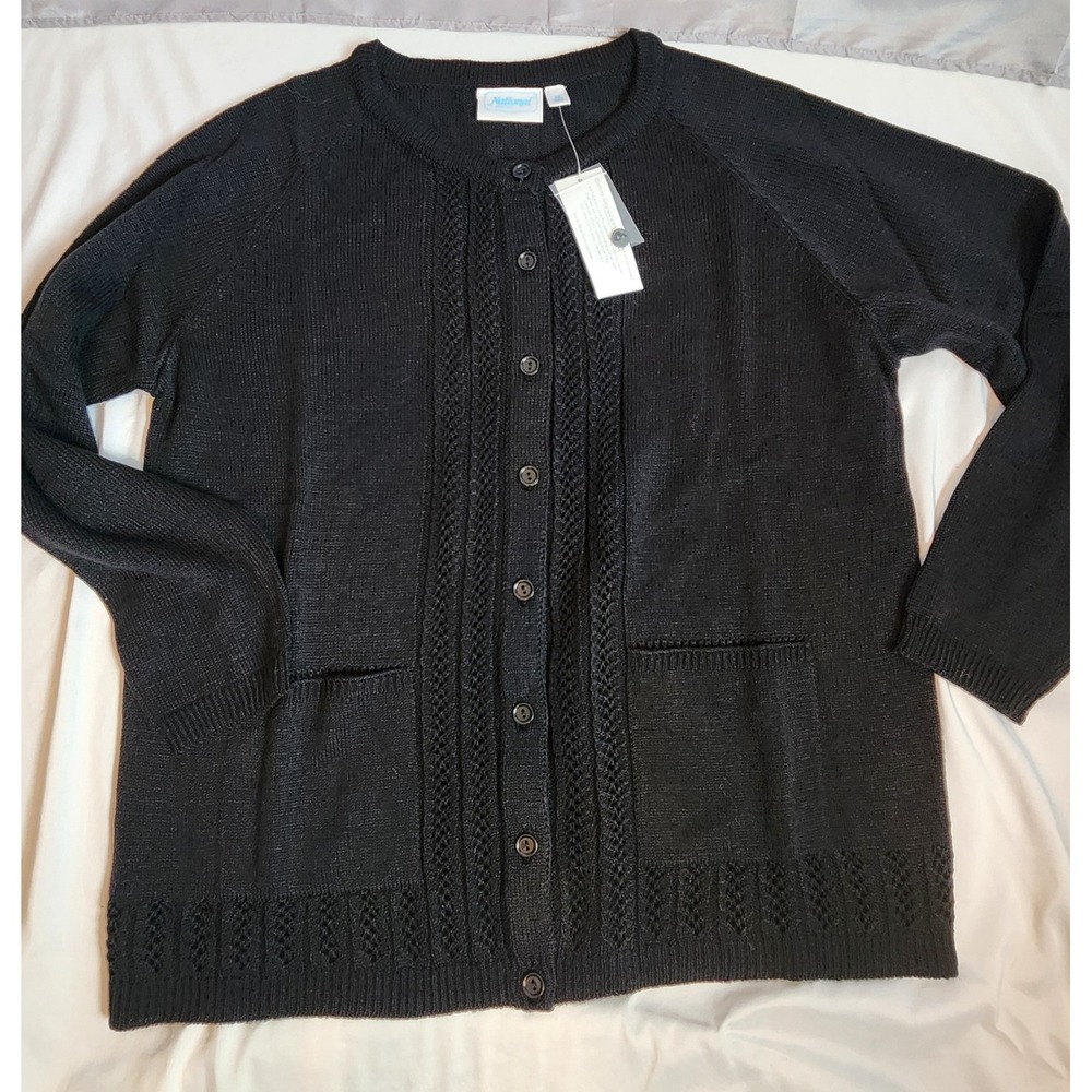 National Black Pointelle Knit Button Front Cardigan Sweater Pockets 1X NEW